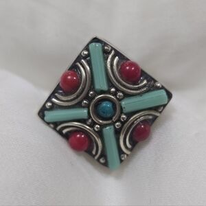 Vintage-Inspired Silver Turquoise and Red Coral Ring Adjustable